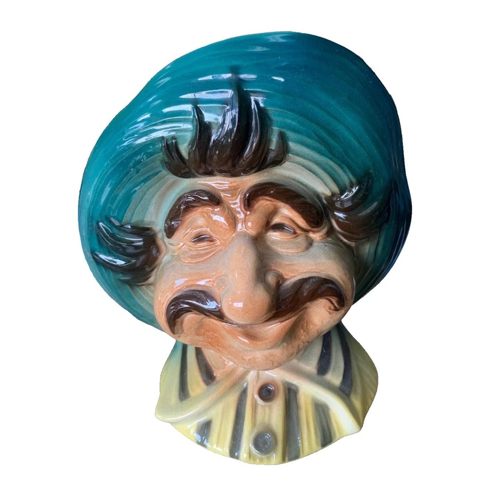 Vintage Ceramic Mustache Man Head Vase Teal Beret Character Planter Whimsical